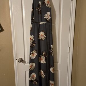 Blue Tan Halter Long Sleeve Maxi Sundress for Prom